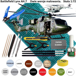 MODEL śmigłowca, helikoptera do sklejania BATTLEFIELD LYNX AH.7, mata, klej, podkład, farby.... Zestaw początkującego modelarza.