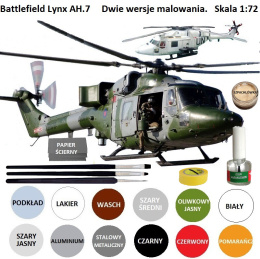 MODEL śmigłowca, helikoptera do sklejania BATTLEFIELD LYNX AH.7 + klej, podkład, farby.... Zestaw początkującego modelarza.