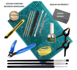 MATA modelarska II + Zestaw startowy narzędzi i przyborów modelarskich. Pędzelki, klej, cążki, taśma, pilnik