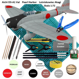 Model samolotu AICHI D3-AI Pearl Harbor + mata A3, farb, klej modelarski, pędzelki do modeli ... STARTOWY ZESTAW DLA MODELARZA