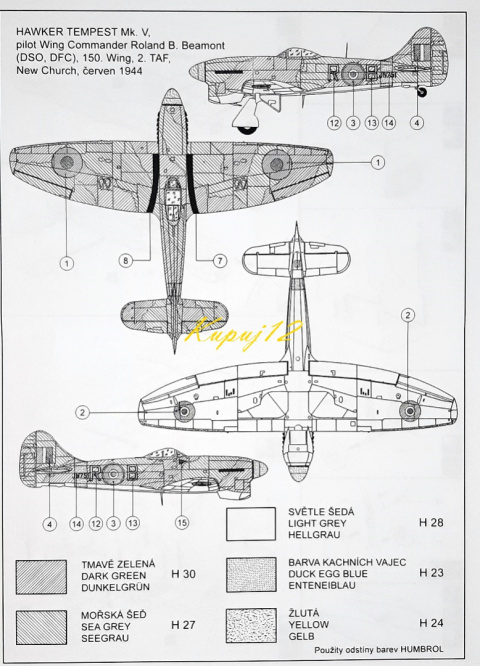Model samolotu Hawker Tempest Mk.V + podkład, farby, lakier, wash Model samolotu Hawker Tempest Mk.V + podkład, farby, lakier, wash