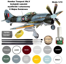 MODEL plastikowego samolotu do sklejania Hawker Tempest Mk.V, klej do modeli, farby do modeli, pędzle do modeli, podkład. ZESTAW