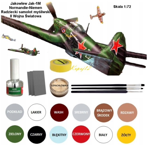 MODEL samolotu Jakowlew JAK-1M Normandie - Niemen Zestaw: podkład, farby modelarskie, lakier, klej, pędzelki MODEL samolotu Jakowlew JAK-1M Normandie - Niemen Zestaw: podkład, farby modelarskie, lakier, klej, pędzelki