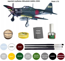 Model samolotu Mitsubishi Zero + klej modelarski, podkład, farby, lakier, pedzelki +.... ZESTAW MODEL START SET