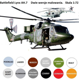 MODEL śmigłowca, helikoptera do sklejania BATTLEFIELD LYNX AH.7 + podkład, farby. lakier, wash. Zestaw początkującego modelarza.