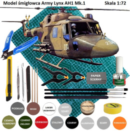 PLASTIKOWY MODEL do sklejania śmigłowiec, helikopter ARMY LYNX AH1/Mk.1 , mata, farby, klej, pędzle .... DUŻY ZESTAW skala 1:72