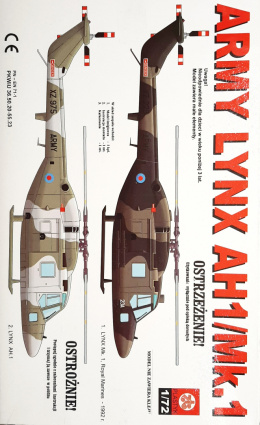 PLASTIKOWY MODEL do sklejania śmigłowiec, helikopter ARMY LYNX AH1/Mk.1 farby do modeli, klej, pędzle .... ZESTAW skala 1:72