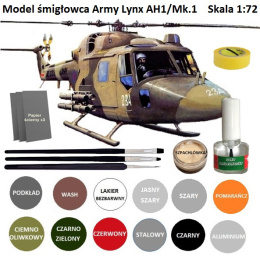 PLASTIKOWY MODEL do sklejania śmigłowiec, helikopter ARMY LYNX AH1/Mk.1 farby do modeli, klej, pędzle .... ZESTAW skala 1:72