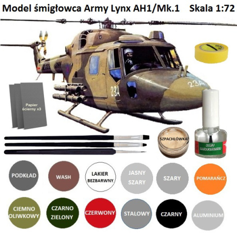 PLASTIKOWY MODEL do sklejania śmigłowiec, helikopter ARMY LYNX AH1/Mk.1 farby do modeli, klej, pędzle .... ZESTAW skala 1:72 PLASTIKOWY MODEL do sklejania śmigłowiec, helikopter ARMY LYNX AH1/Mk.1 farby do modeli, klej, pędzle .... ZESTAW skala 1:72