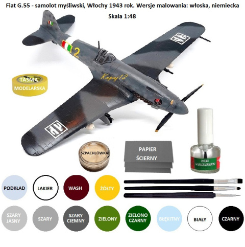 PLASTIKOWY MODEL samolotu do sklejania Fiat G.55 + klej do modeli, farby, podkład, lakier. ZESTAW dla modelarza na start PLASTIKOWY MODEL samolotu do sklejania Fiat G.55 + klej do modeli, farby, podkład, lakier. ZESTAW dla modelarza na start