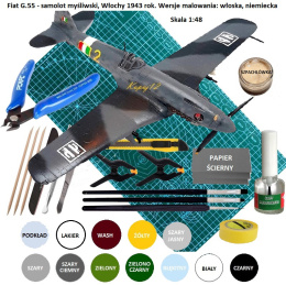 PLASTIKOWY MODEL samolotu do sklejania Fiat G.55 + mata A3 samogojąca, klej do modeli, farby... ZESTAW dla modelarza na start