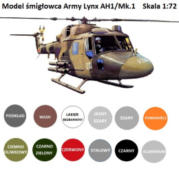 PLASTIKOWY MODEL do sklejania śmigłowiec, helikopter ARMY LYNX AH1/Mk.1 podkład, farby do modeli, lakier .... ZESTAW skala 1:72