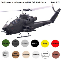 MODEL śmigłowca Bell AH-1 Cobra 1:72 + podkład, farba do modeli, lakier, wash... ZESTAW STARTOWY DLA POCZĄTKUJĄCEGO MODELARZA