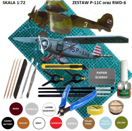 ZESTAW 2 MODELE do sklejania P-11c oraz RWD-6, mata modelarska A3, klej, pędzelki, farby modelarskie, lakier, wash, pędzelki...