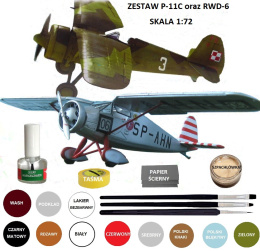 ZESTAW 2 MODELE do sklejania P-11c oraz RWD-6, klej, pędzelki, farby modelarskie, lakier do modeli, wash do imitacji zabrudzeń .