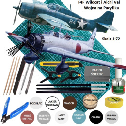 ZESTAW SAMOLOTÓW do sklejania WILDCAT + AICHI Val, mata samogojąca A3, farby modelarskie, klej modelarski, , lakier...