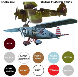 ZESTAW 2 MODELE do sklejania P-11c oraz RWD-6 podkład, farby modelarskie, lakier do modeli, wash do imitacji zabrudzeń ...