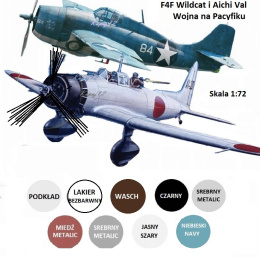 ZESTAW SAMOLOTÓW do sklejania WILDCAT + AICHI Val, farbki, lakier, podklad. Idealny zestaw dla początkującego modelarza