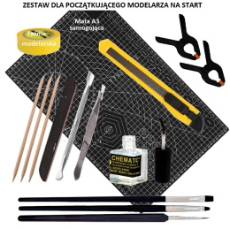 MATA modelarska I + Zestaw startowy narzędzi i przyborów modelarskich. Pędzelki, nożyk, klej, taśma modelarska, pilnik
