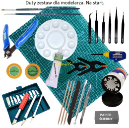 MATA modelarska III + Zestaw startowy narzędzi i przyborów modelarskich. Pędzelki, klej, cążki, taśmy, pilnik, pęsety, nożyki