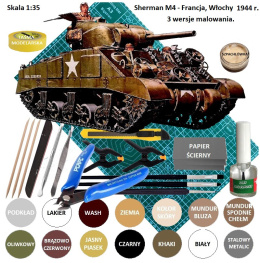 MODEL amerykańskiego czołgu Tank Sherman M4 + mata do cięcia A3 samogojąca, klej, farba modelarska akrylowa, , lakier, wash....