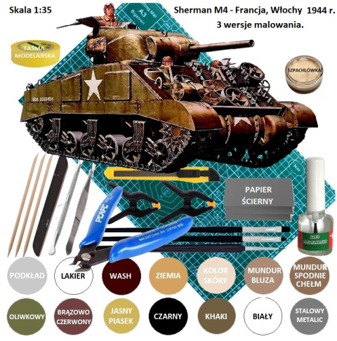 MODEL amerykańskiego czołgu Tank Sherman M4 + mata do cięcia A3 samogojąca, klej, farba modelarska akrylowa, , lakier, wash.... MODEL amerykańskiego czołgu Tank Sherman M4 + mata do cięcia A3 samogojąca, klej, farba modelarska akrylowa, , lakier, wash....