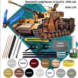 MODEL do sklejania czołg Panzer IV Ausf.H + mata samogojąca A3, klej, podkład, farba akrylowa modelarska, lakier do modeli ...