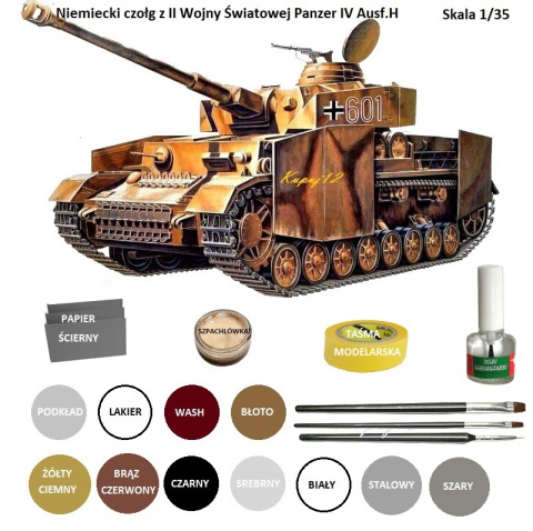 MODEL do sklejania niemiecki czołg Panzer IV Ausf.H + klej, podkład, farba akrylowa modelarska, lakier do modeli plastikowych... MODEL do sklejania niemiecki czołg Panzer IV Ausf.H + klej, podkład, farba akrylowa modelarska, lakier do modeli plastikowych...