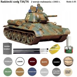 MODEL plastikowego czołgu do sklejania Tank T34/76 + klej, podkład, lakier, farby akrylowe modelarskie, pędzle modelarskie ...