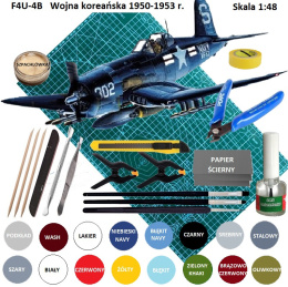 MODEL plastikowego samolotu do sklejania Corsair F4U-4B Wojna koreańska + mata samogojąca, klej do modeli, farby, 3 pędzelki