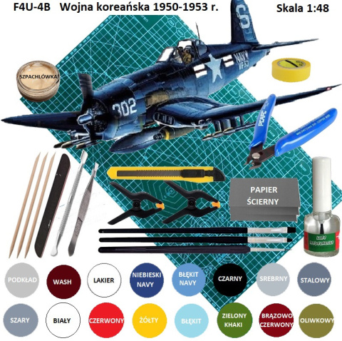 MODEL plastikowego samolotu do sklejania Corsair F4U-4B Wojna koreańska + mata samogojąca, klej do modeli, farby, 3 pędzelki MODEL plastikowego samolotu do sklejania Corsair F4U-4B Wojna koreańska + mata samogojąca, klej do modeli, farby, 3 pędzelki
