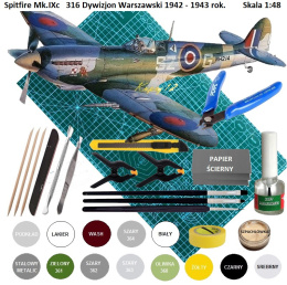 MODEL plastikowego samolotu do sklejania Spitfire Mk.IXc Polski 316 Dywizjon Warszawski + mata, lakier, farby, klej, pędzle