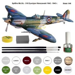 MODEL plastikowego samolotu do sklejania Spitfire Mk.IXc Polski 316 Dywizjon Warszawski + podkład, lakier, farby, klej, pędzle