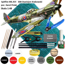 MODEL plastikowy samolot SPITFIRE Mk.XVI Polski Dywizjon 308 + mata modelarska, klej do modeli, farba , pędzlel, lakier .....