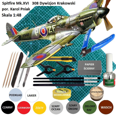 MODEL plastikowy samolot SPITFIRE Mk.XVI Polski Dywizjon 308 + mata modelarska, klej do modeli, farba , pędzlel, lakier ..... MODEL plastikowy samolot SPITFIRE Mk.XVI Polski Dywizjon 308 + mata modelarska, klej do modeli, farba , pędzlel, lakier .....