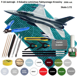 MODEL plastikowy samolot do sklejania F-16 Jastrząb, polska wersja +mata modelarska, klej, podkład, farba, ZESTAW NA START...