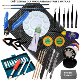 MATA modelarska samogojąca A3 czarna, Zestaw startowy narzędzi modelarskich: pędzelki, klej, cążki, taśmy, pilnik, skalpele...