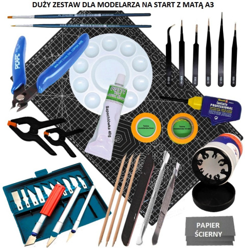 MATA modelarska samogojąca A3 czarna, Zestaw startowy narzędzi modelarskich: pędzelki, klej, cążki, taśmy, pilnik, skalpele... MATA modelarska samogojąca A3 czarna, Zestaw startowy narzędzi modelarskich: pędzelki, klej, cążki, taśmy, pilnik, skalpele...