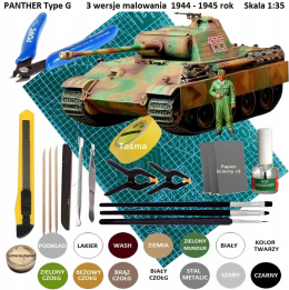 MODEL CZOŁG do sklejania Pantera Tank Panther Type G + mata, klej, podkład, lakier, farby, wash, ziemia do zabrudzeń .. 1:35