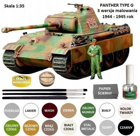 MODEL Czołgu do sklejania Panthera Tank Panther Type G + klej, podkład, lakier, farby, wash do zabrudzeń, ziemia .... Skala 1:35 MODEL Czołgu do sklejania Panthera Tank Panther Type G + klej, podkład, lakier, farby, wash do zabrudzeń, ziemia .... Skala 1:35