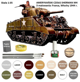 MODEL amerykańskiego czołgu Tank Sherman M4 + klej, farba modelarska akrylowa, , lakier, wash. ZESTAW STARTOWY MODELARZA