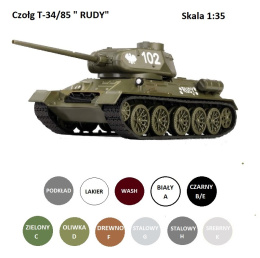 PLASTIKOWY MODEL do sklejania czołg T34/85 RUDY 102 + podkład do modeli, lakier akrylowy do modeli, farba akrylowa do modeli +