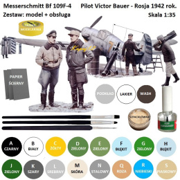 MODEL samolot Messerschmitt Bf 109F-4 z personelem 1:48 , klej, zestaw farb akrylowych, podkład, pędzle modelarskie......