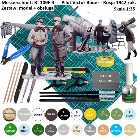 MODEL samolot Messerschmitt Bf 109F-4 z personelem naziemnym, 1:48 , mata samogojąca A3, klej, zestaw farb, podkład, pędzle ... MODEL samolot Messerschmitt Bf 109F-4 z personelem naziemnym, 1:48 , mata samogojąca A3, klej, zestaw farb, podkład, pędzle ...