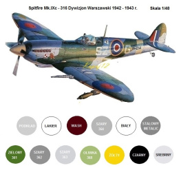 MODEL plastikowego samolotu do sklejania Spitfire Mk.IXc Polski 316 Dywizjon Warszawski, skala 1:48 + podkład, lakier, farby
