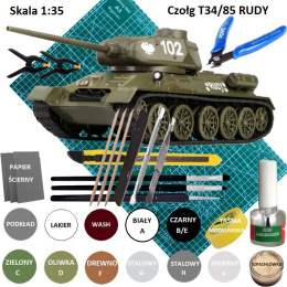 PLASTIKOWY MODEL do sklejania czołg T34/85 RUDY 102 + mata samogojąca A3, klej modelarski, lakier, farba akrylowa do modeli +...