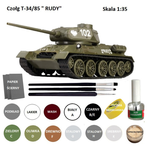 PLASTIKOWY MODEL do sklejania czołg T34/85 RUDY 102 + klej modelarski , podkład, lakier do modeli, farba akrylowa do modeli + PLASTIKOWY MODEL do sklejania czołg T34/85 RUDY 102 + klej modelarski , podkład, lakier do modeli, farba akrylowa do modeli +
