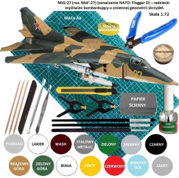 PLASTIKOWY MODEL samolot do sklejania MiG-27 FLOGGER D + mata modelarska samogojąca A3, farby, klej ... DUŻU ZESTAW NA START