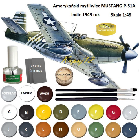 MODEL do sklejania amerykański samolot myśliwski P-51A Mustang + klej modelarski, farba akrylowa modelarska, podkład, lakier. MODEL do sklejania amerykański samolot myśliwski P-51A Mustang + klej modelarski, farba akrylowa modelarska, podkład, lakier.