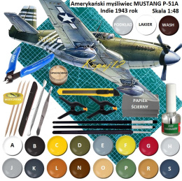 MODEL do sklejania amerykański samolot myśliwski P-51A Mustang + mata A3, klej modelarski, farba modelarska, podkład, lakier...